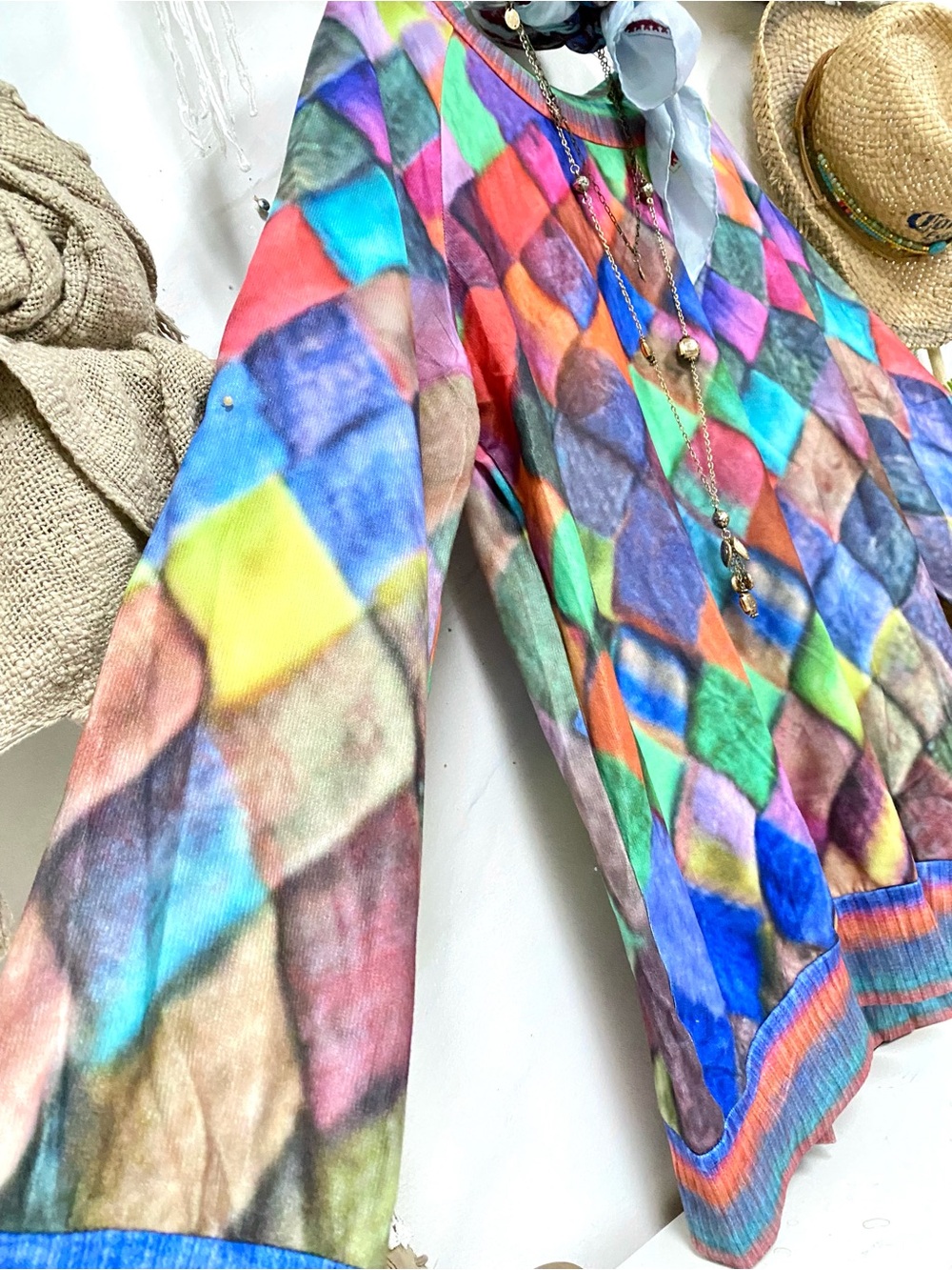 BNWOT Diamond multicoloured print summer boho sweater/dress w cottagecore vibe - Picture 10 of 14